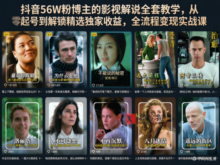 抖音56W粉博主的影视解说全套教学，从零起号到解锁精选独家收益，全流程变现实战课-新发现资源网