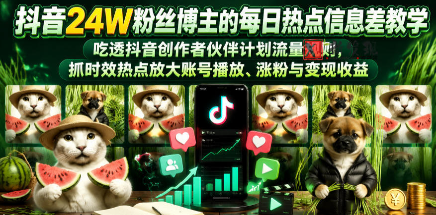 抖音24W粉丝博主的每日热点信息差教学，吃透创作者伙伴计划流量规则，抓时效热点放大账号播放、涨粉与变现收益-新发现资源网
