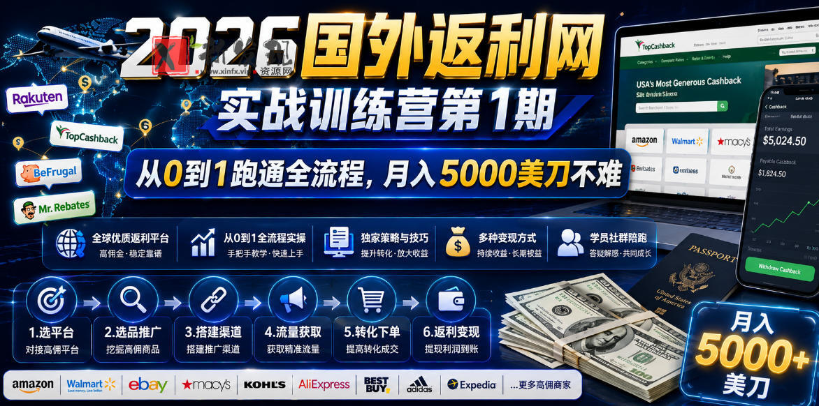 2026年国外返利网实战训练营第1期,从0到1跑通全流程,月入5000美刀不难-新发现资源网