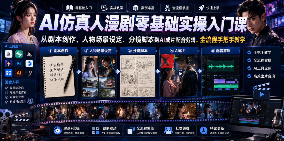 AI仿真人漫剧零基础实操入门课，从剧本创作、人物场景设定、分镜脚本到AI成片配音剪辑，全流程手把手教学-新发现资源网