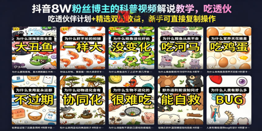 抖音8W粉丝博主的科普视频解说教学,吃透伙伴计划+精选双份收益,新手可直接复制操作-新发现资源网
