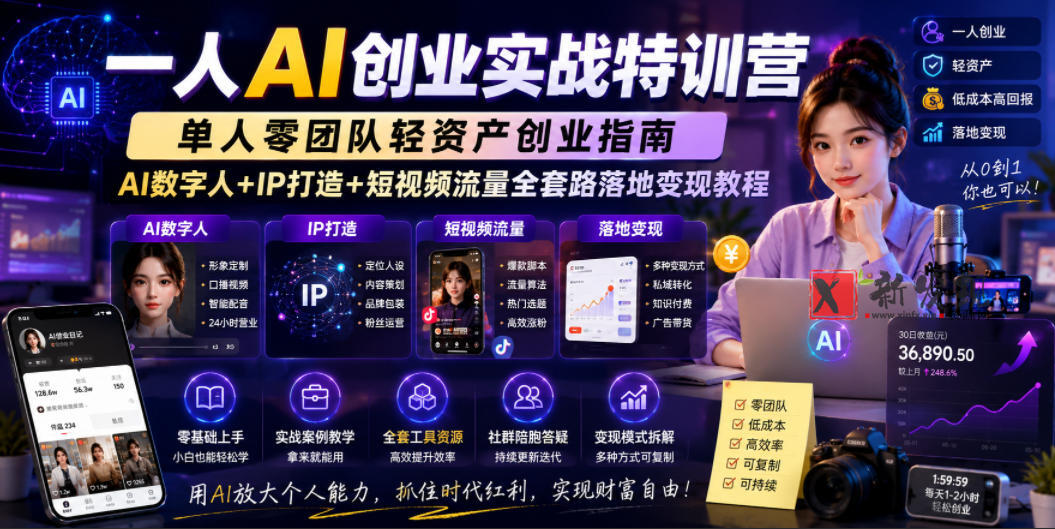 一人AI创业实战特训营,单人零团队轻资产创业指南,AI数字人+IP打造+短视频流量全套路落地变现教程-新发现资源网