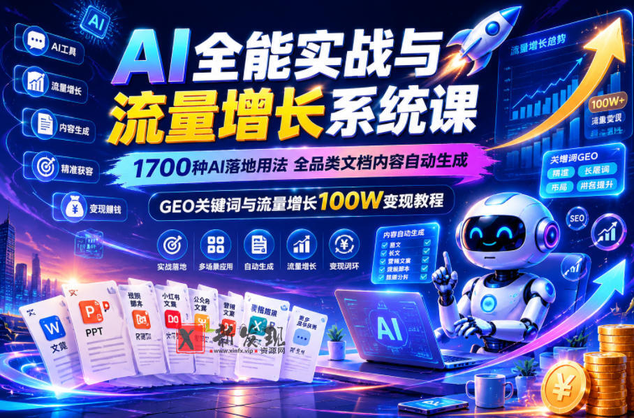 AI全能实战与流量增长系统课,1700种AI落地用法,全品类文档内容自动生成,GEO关键词与流量增长100W变现教程-新发现资源网