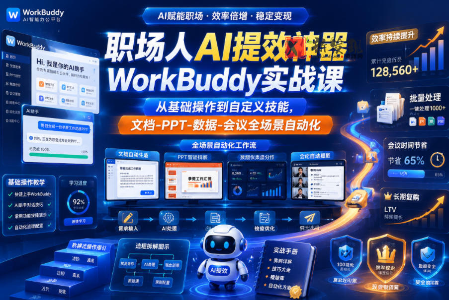 职场人AI提效神器WorkBuddy实战课,从基础操作到自定义技能,文档-PPT-数据-会议全场景自动化-新发现资源网