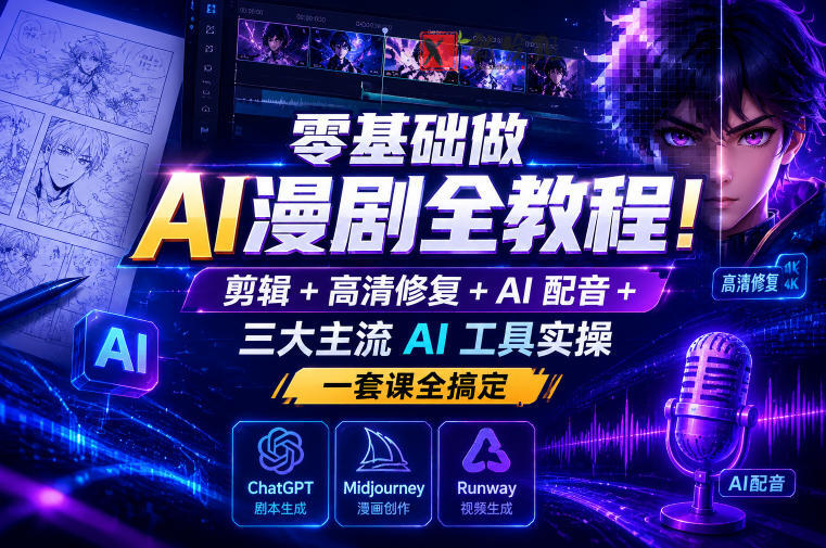 零基础做AI漫剧全教程!剪辑+高清修复+AI配音+三大主流AI工具实操,一套课全搞定 零基础做AI漫剧全教程!剪辑+高清修复+AI配音+三大主流AI工具实操,一套课全搞定