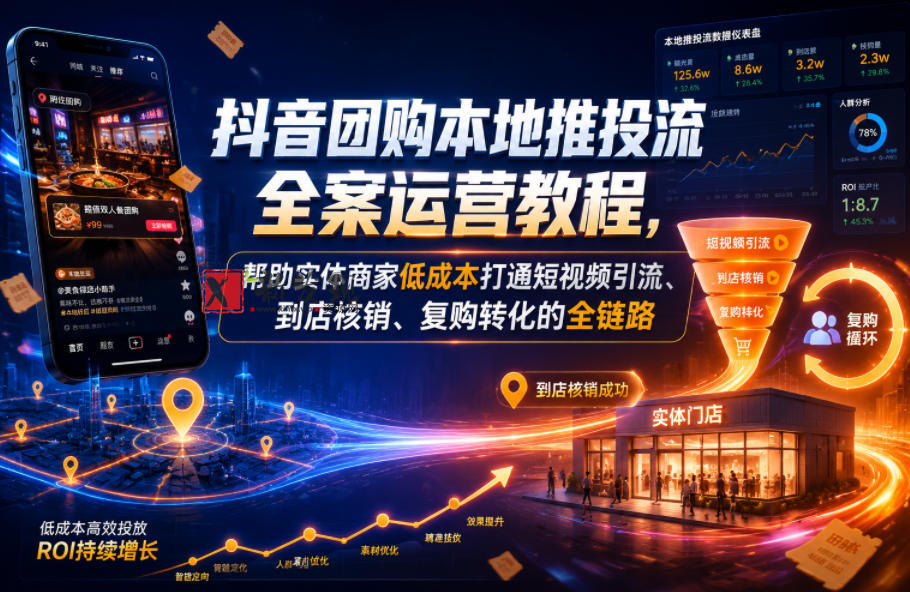 抖音团购本地推投流全案运营教程,帮助实体商家低成本打通短视频引流、到店核销、复购转化的全链路 抖音团购本地推投流全案运营教程,帮助实体商家低成本打通短视频引流、到店核销、复购转化的全链路