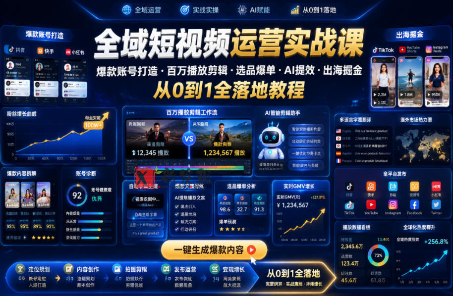 全域短视频运营实战课,爆款账号打造・百万播放剪辑・选品爆单・AI提效・出海掘金,从0到1全落地教程 全域短视频运营实战课,爆款账号打造・百万播放剪辑・选品爆单・AI提效・出海掘金,从0到1全落地教程