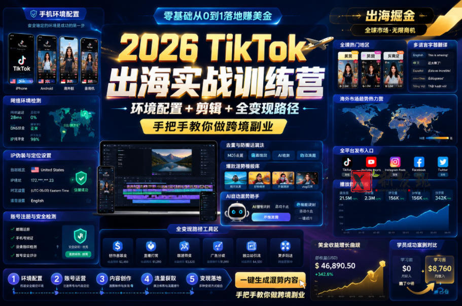 2026 TikTok出海实战训练营，环境配置 + 剪辑 + 全变现路径，手把手教你做跨境副业-新发现资源网