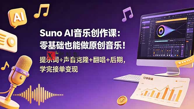 （18945期） Suno AI音乐创作课：零基础也能做原创音乐！提示词+声音克隆+翻唱+后期，学完接单变现-新发现资源网