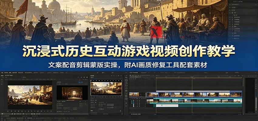 沉浸式历史互动游戏视频创作教学：文案配音剪辑蒙版实操，附AI画质修复工具配套素材-新发现资源网
