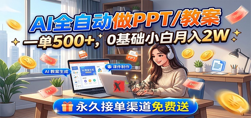AI全自动做PPT/教案，一单500+，0基础小白月入2W，永久接单渠道免费送-新发现资源网