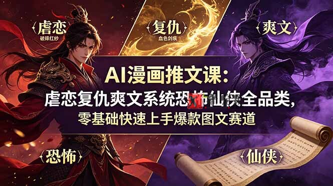 （19060期）AI漫画推文课：虐恋复仇爽文系统恐怖仙侠全品类，零基础快速上手爆款图文赛道-新发现资源网