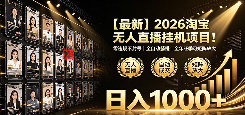 最新2026淘宝无人直播挂机项目!零违规不封号,全自动躺赚,日入1000+ 最新2026淘宝无人直播挂机项目!零违规不封号,全自动躺赚,日入1000+