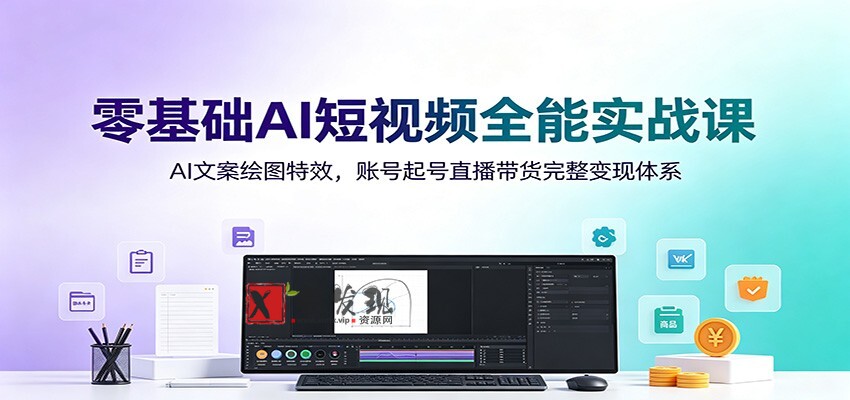 零基础AI短视频全能实战课:AI文案绘图特效,账号起号直播带货完整变现体系-新发现资源网