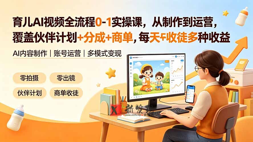 （19236期）育儿AI视频全流程0-1实操课，从制作到运营，覆盖伙伴计划+分成+商单+收徒多种收益，每天500+收益-新发现资源网