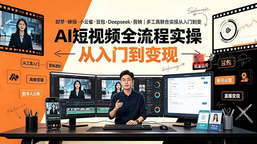 (19250期)AI短视频全流程实操:即梦·蝉镜·小云雀·豆包·Deepseek·剪映|多工具联合实操从入门到变现-新发现资源网