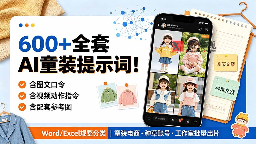 (19302期)600+全套AI童装提示词!含图文口令+视频动作指令+配套参考图,Word/Excel规整分类,童装电商、种草无脑量产内容-新发现资源网