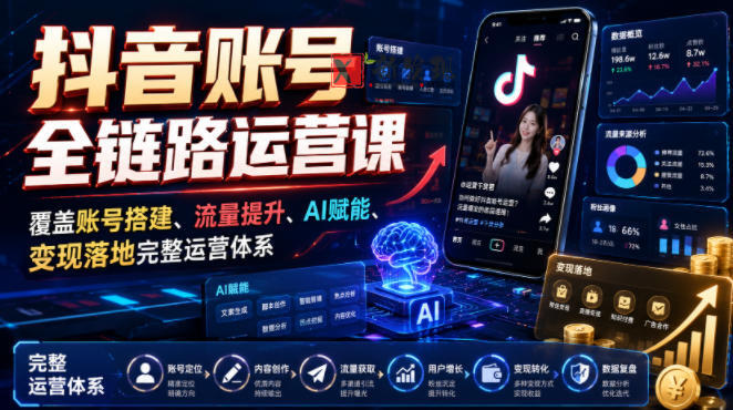 抖音账号全链路运营课,覆盖账号搭建、流量提升、AI赋能、变现落地完整运营体系-新发现资源网