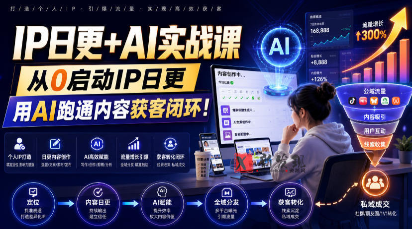 IP日更+AI实战课,从0启动IP日更,IP置顶视频制作+100条选题库搭建+10条日更规划,用AI跑通内容获客闭环!-新发现资源网