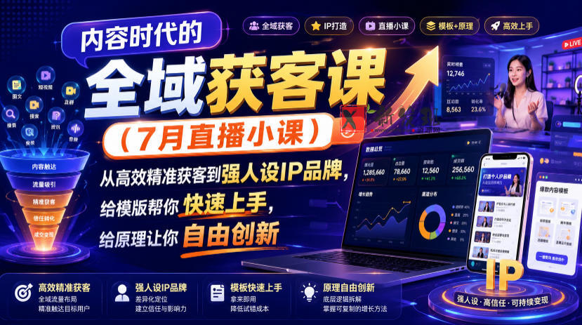 内容时代的全域获客课(7月直播小课),从高效精准获客到强人设IP品牌,给模版帮你快速上手,给原理让你自由创新-新发现资源网