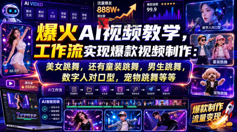 爆火AI视频教学,工作流实现爆款视频制作:美女跳舞,还有童装跳舞,男生跳舞,数字人对口型,宠物跳舞等等 爆火AI视频教学,工作流实现爆款视频制作:美女跳舞,还有童装跳舞,男生跳舞,数字人对口型,宠物跳舞等等