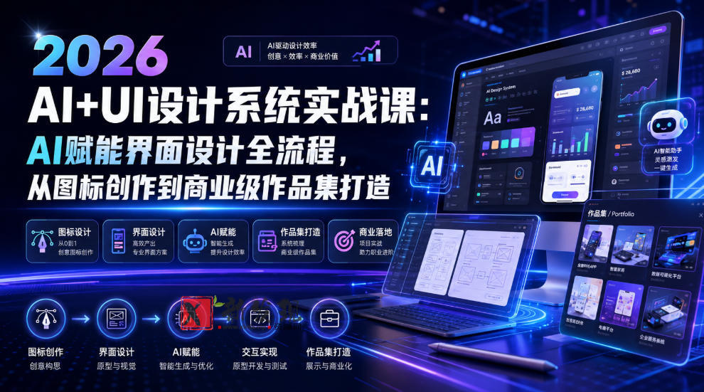 2026 AI+UI设计系统实战课：AI赋能界面设计全流程，从图标创作到商业级作品集打造-新发现资源网