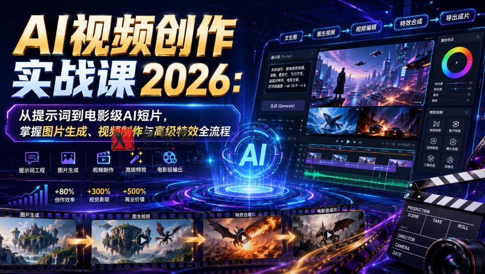 AI视频创作实战课2026:从提示词到电影级AI短片,掌握图片生成、视频制作与高级特效全流程-新发现资源网