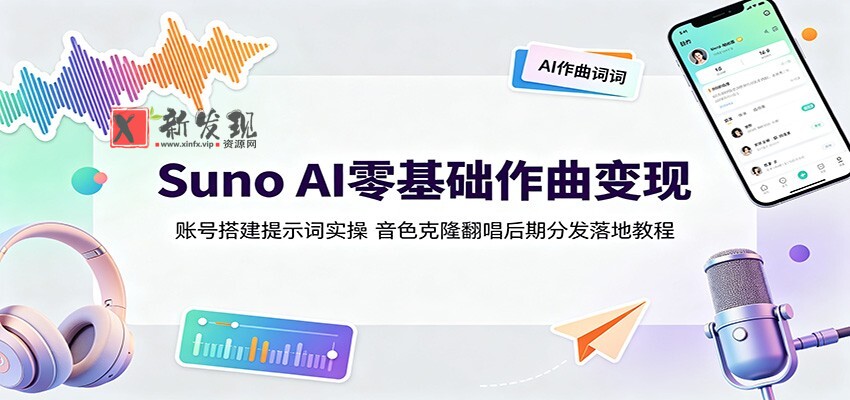 Suno AI零基础作曲变现:账号搭建提示词实操,音色克隆翻唱后期分发落地教程-新发现资源网