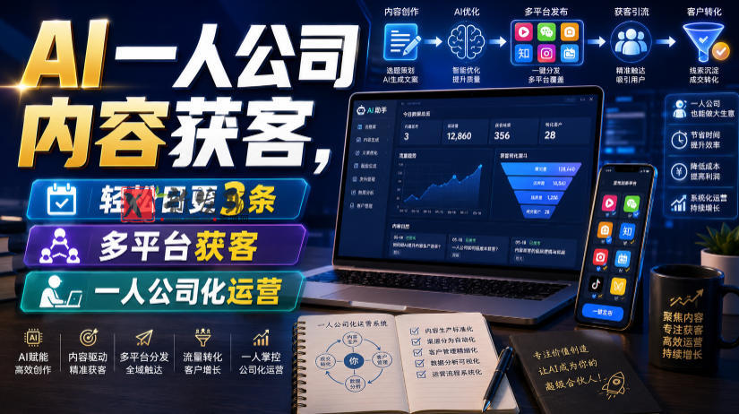 AI一人公司内容获客,轻松日更3条,多平台获客,一人公司化运营-新发现资源网