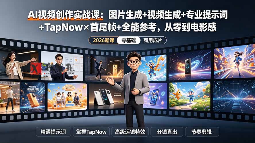 (19383期)AI视频创作实战课:图片生成+视频生成+专业提示词+TapNow×首尾帧+全能参考,从零到电影感成片-新发现资源网