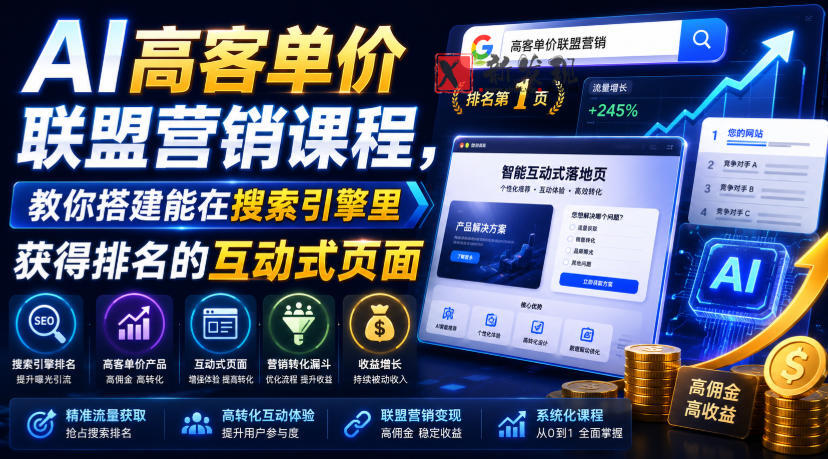 AI高客单价联盟营销课程，教你搭建能在搜索引擎里获得排名的互动式页面，引来流量，把访客转化为高佣金的成交【原创双语字幕】-新发现资源网
