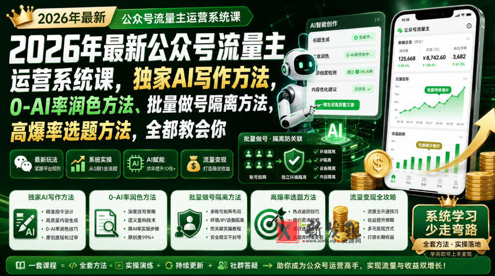 2026年最新公众号流量主运营系统课,独家AI写作方法,0-AI率润色方法、批量做号隔离方法、高爆率选题方法,全都教会你-新发现资源网