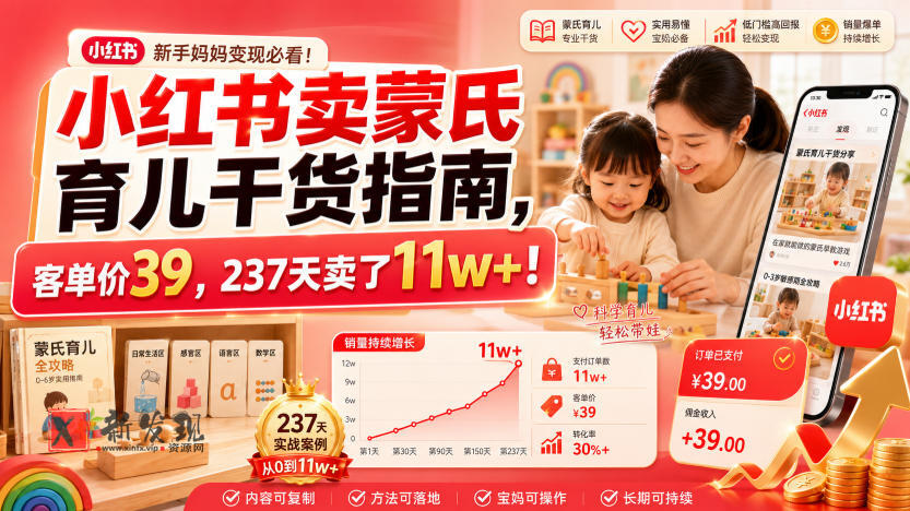 小红书卖蒙氏育儿干货指南,客单价39,237天卖了11w+!-新发现资源网