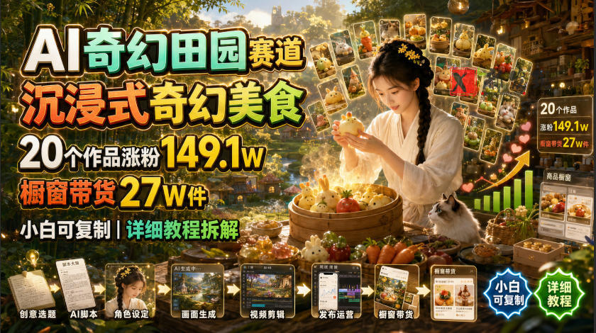 AI奇幻田园赛道,沉浸式奇幻美食,20个作品涨粉149.1W,橱窗带货27W件,小白可复制,详细教程拆解 AI奇幻田园赛道,沉浸式奇幻美食,20个作品涨粉149.1W,橱窗带货27W件,小白可复制,详细教程拆解