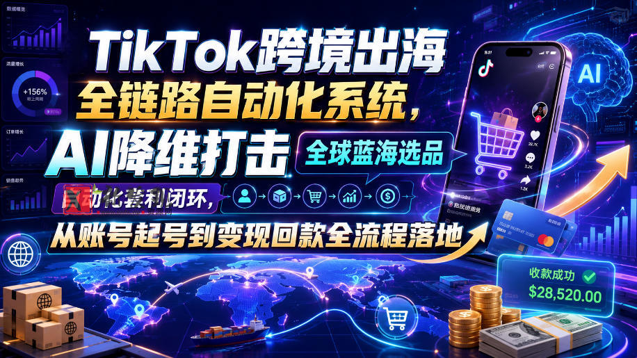 TikTok跨境出海全链路自动化系统,AI降维打击全球蓝海选品自动化套利闭环,从账号起号到变现回款全流程落地(2026年7月)-新发现资源网