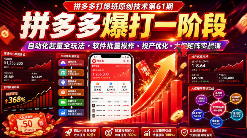 拼多多打爆班原创技术第61期,拼多多爆打一阶段,自动化起量全玩法・软件批量操作・投产优化・大促矩阵实战课-新发现资源网