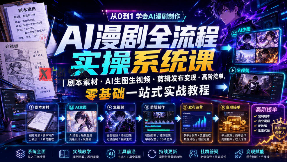 AI漫剧全流程实操系统课|剧本素材・AI生图生视频・剪辑发布变现・高阶接单,零基础一站式实战教程-新发现资源网