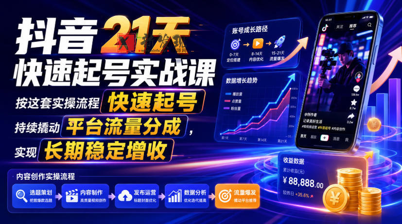 抖音21天快速起号实战课，按这套实操流程快速起号，持续撬动平台流量分成，实现长期稳定增收-新发现资源网