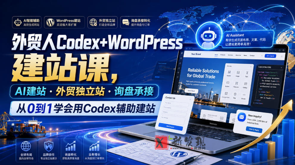 外贸人Codex+WordPress建站课，AI建站·外贸独立站·询盘承接，从0到1学会用Codex辅助建站-新发现资源网