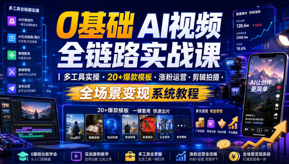 0基础AI视频全链路实战课|多工具实操・20+爆款模板・涨粉运营・剪辑拍摄・全场景变现系统教程-新发现资源网