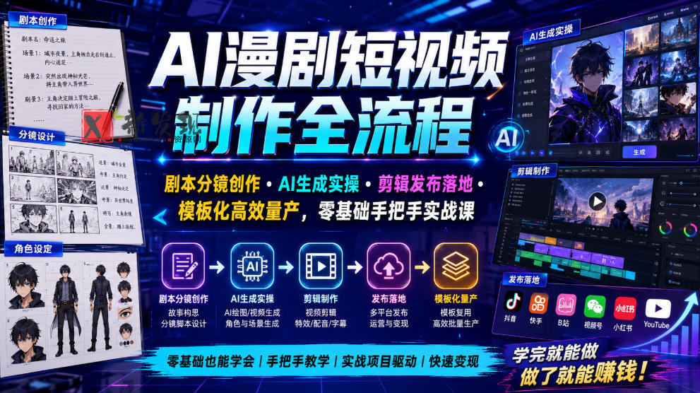 AI漫剧短视频制作全流程|剧本分镜创作・AI生成实操・剪辑发布落地・模板化高效量产,零基础手把手实战课-新发现资源网