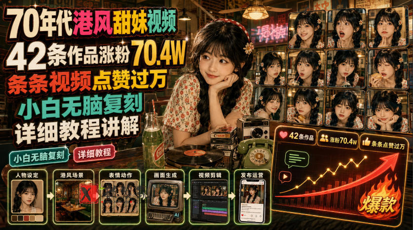 70年代港风甜妹视频,42条作品涨粉70.4W,条条视频点赞过万,小白无脑复刻,详细教程讲解-新发现资源网
