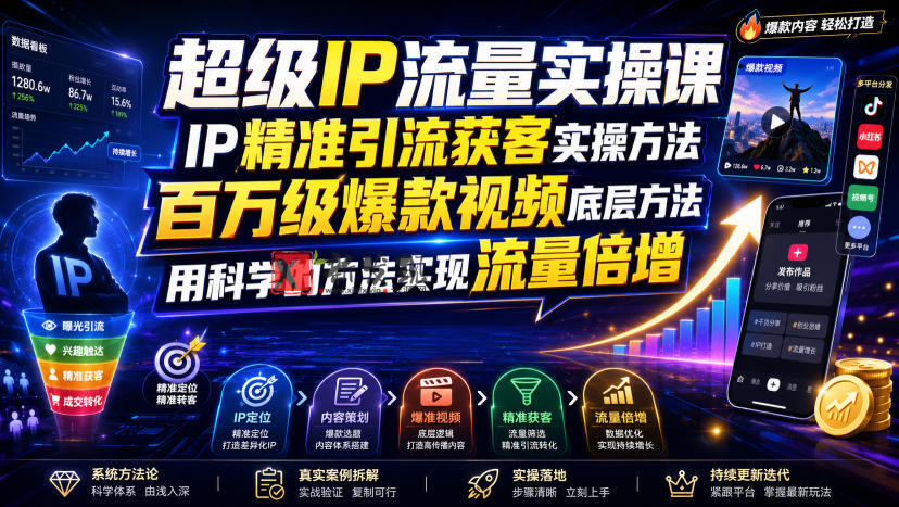 超级IP流量实操课,IP精准引流获客实操方法,百万级爆款视频底层方法,用科学的方法实现流量倍增-新发现资源网