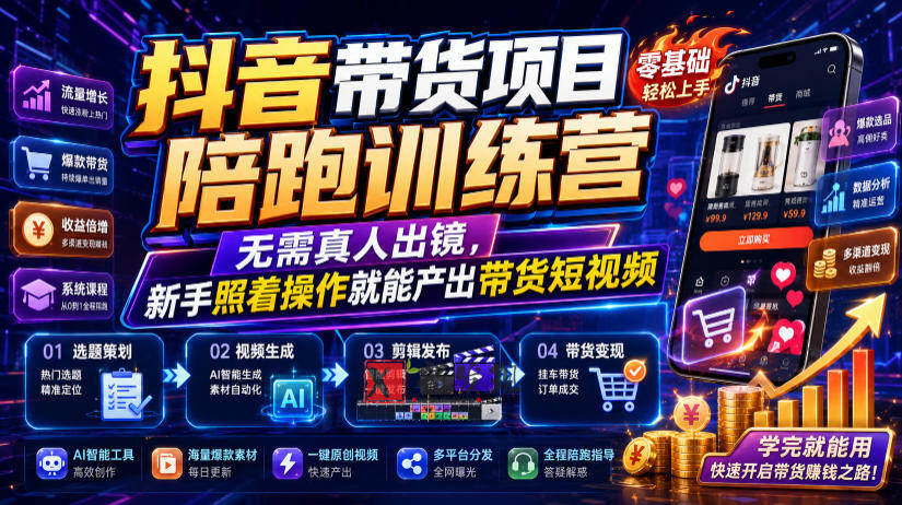 抖音带货项目陪跑训练营，无需真人出镜，新手照着操作就能产出带货短视频-新发现资源网
