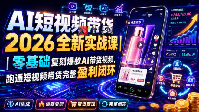 AI短视频带货2026全新实战课｜零基础复刻爆款AI带货视频，跑通短视频带货完整盈利闭环-新发现资源网