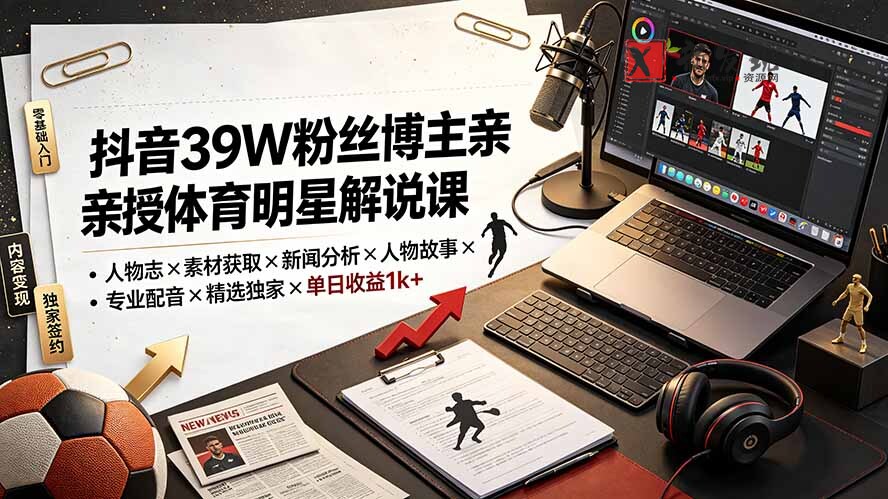 (19476期)抖音39W粉丝博主亲授体育明星解说课:人物志×素材获取×新闻分析×人物故事×专业配音×精选独家×单日收益1k+-新发现资源网