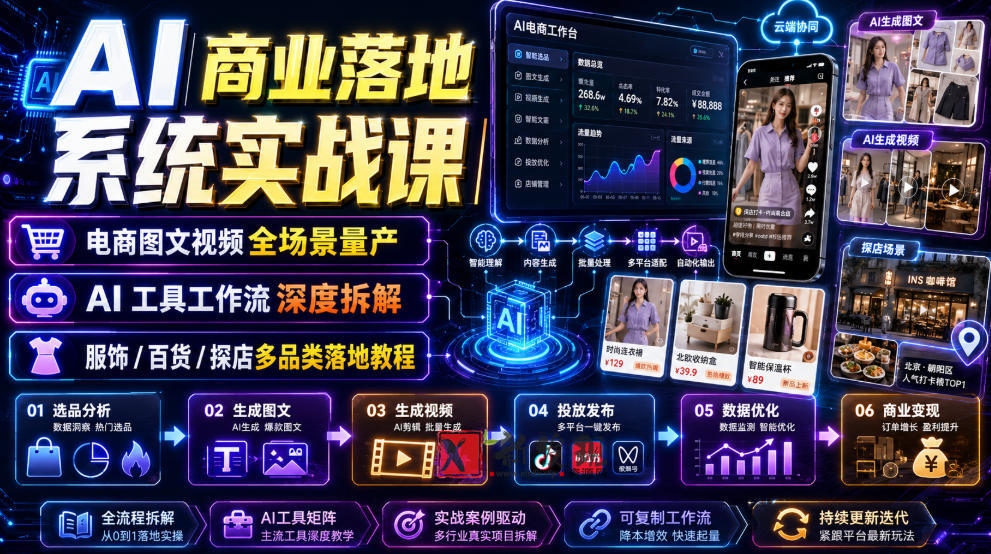 AI商业落地系统实战课|电商图文视频全场景量产・AI工具工作流深度拆解・服饰/百货/探店多品类落地教程-新发现资源网