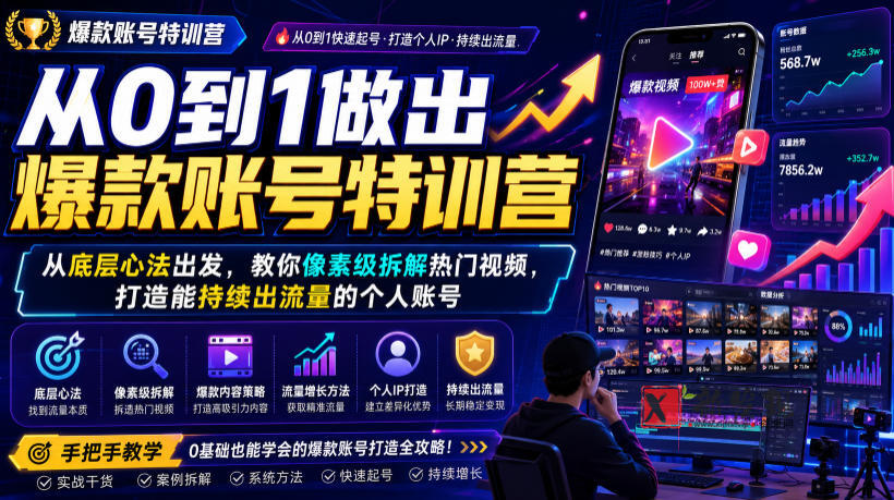 从0到1做出爆款账号特训营，从底层心法出发，教你像素级拆解热门视频，打造能持续出流量的个人账号-新发现资源网
