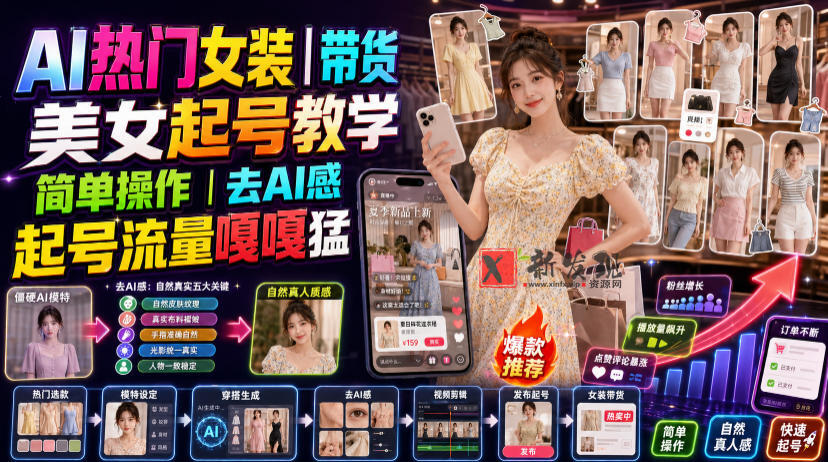 AI热门女装带货丨美女起号教学,简单操作,去AI感,起号流量嘎嘎猛-新发现资源网