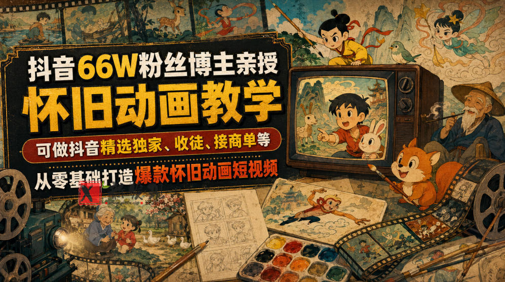 抖音66W粉丝博主亲授怀旧动画教学,可做抖音精选独家、收徒、接商单等,从零基础打造爆款怀旧动画短视频-新发现资源网